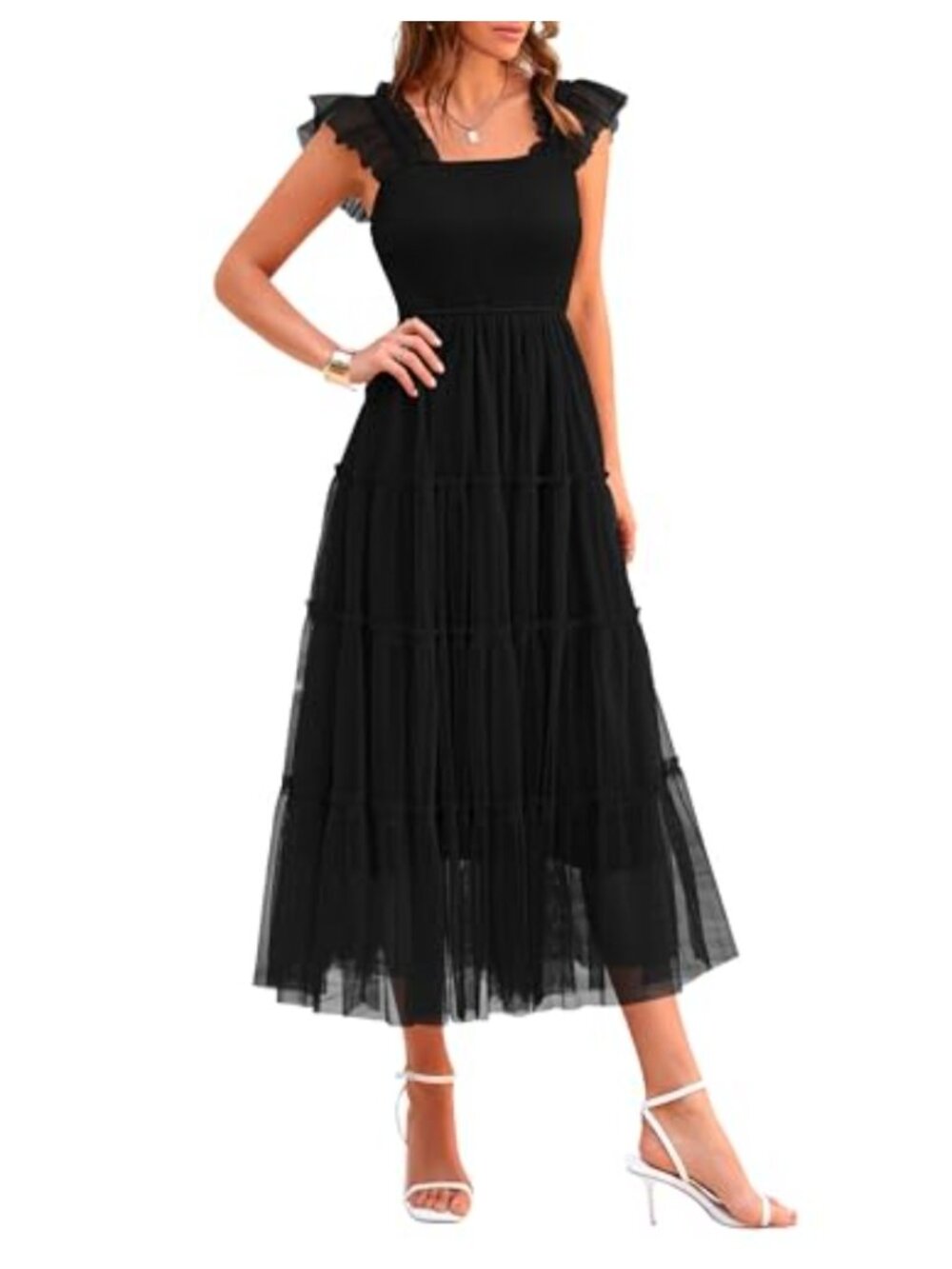 Women's Smocked Midi Tulle Dress Sleeveless Square Neck Flowy A-Line